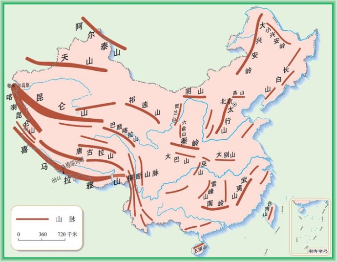 中国地形图(各大山脉,河流,地形位置及特征)