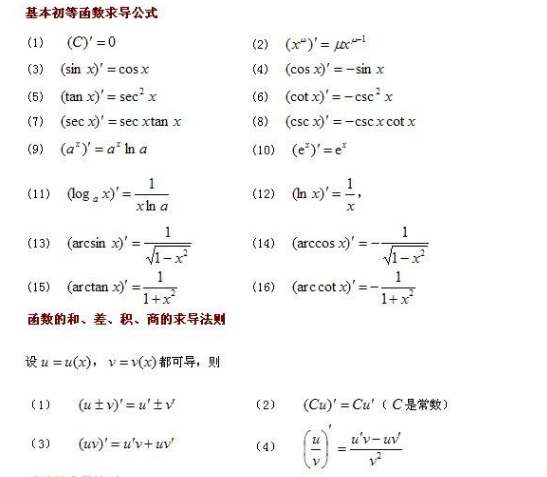 请列举出大学微积分需要用到的所有求导公式