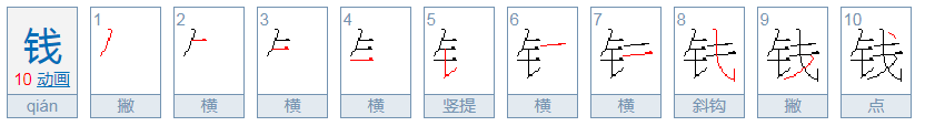 钱的笔顺笔画顺序