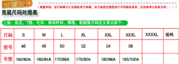 T恤尺寸对照表