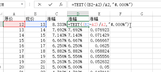 如何用excel计算涨幅？例如a列是原价，b列是现价。怎么算涨幅？