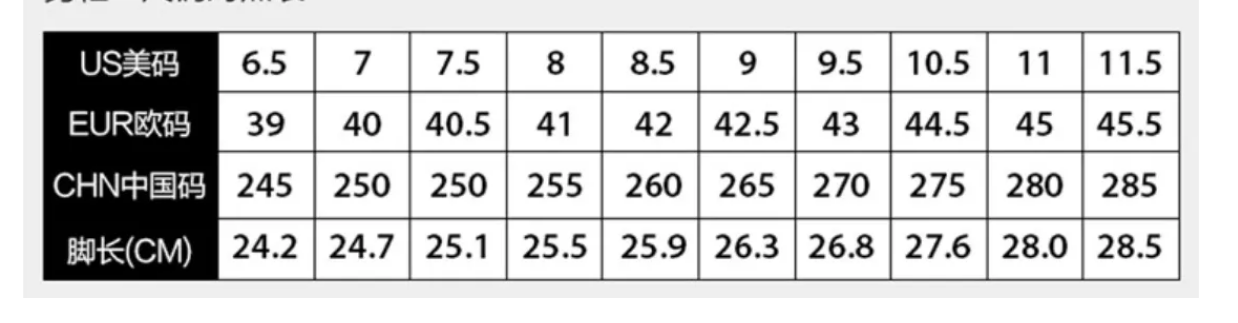 鞋子尺码标准表 对照表