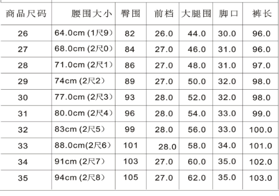 裤子尺寸表的对照表