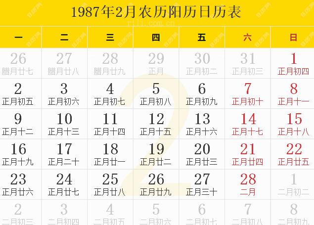 1987年农历阳历表