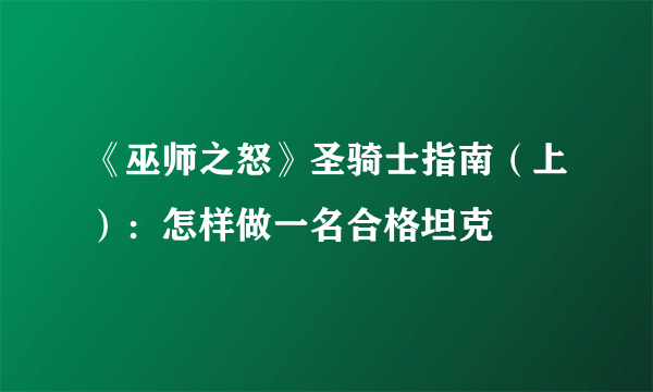 《巫师之怒》圣骑士指南（上）：怎样做一名合格坦克