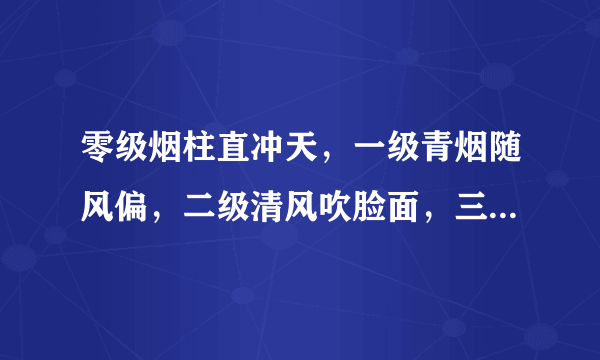 零级烟柱直冲天，一级青烟随风偏，二级清风吹脸面，三级风吹飞纸片等